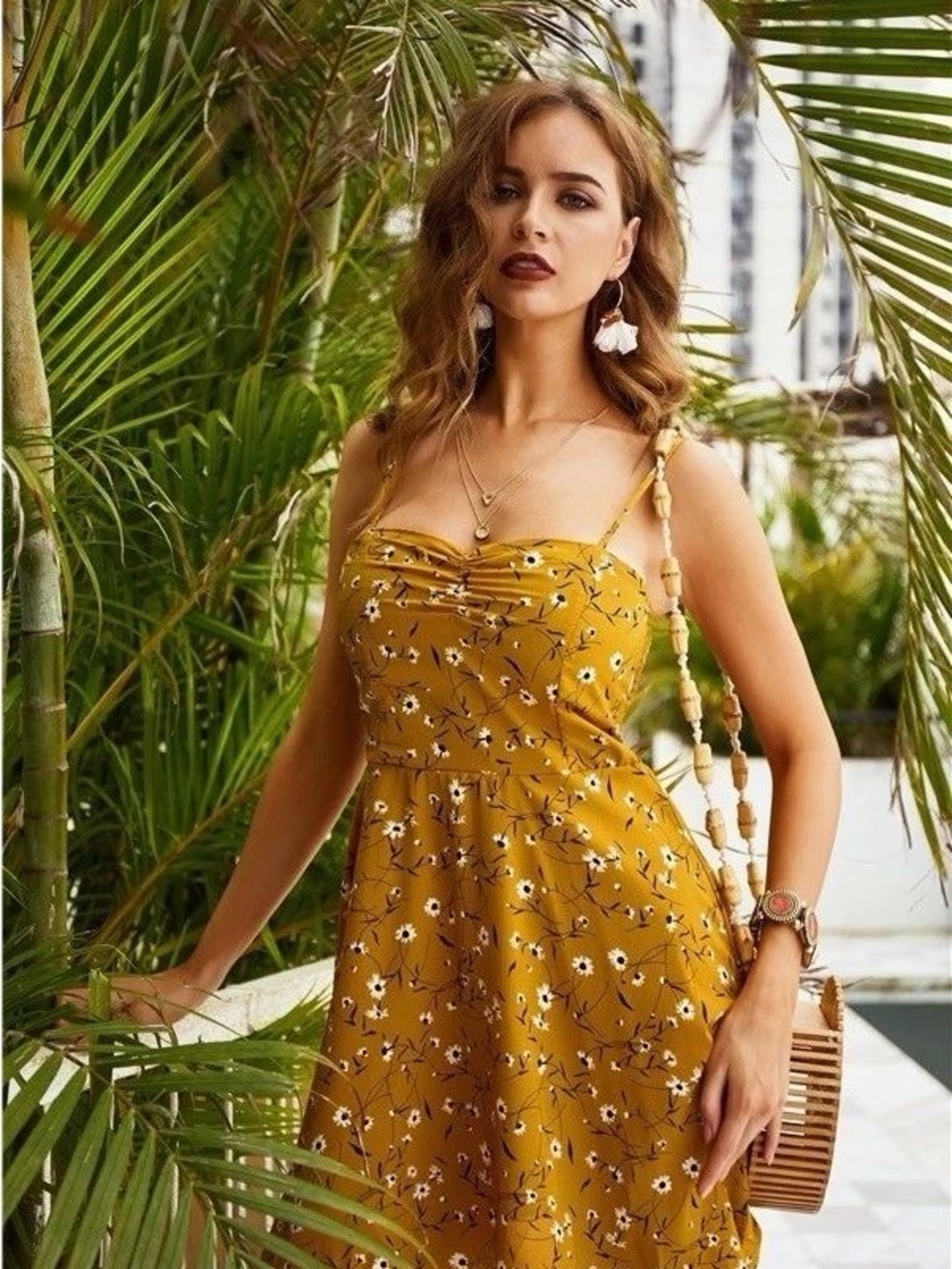 Sunset Mustard Floral Tie-Strap Mini Dress